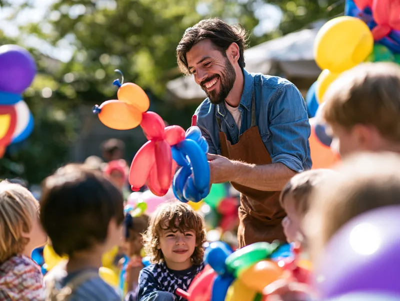 Balloon artist twisting balloon animals for kids at an Arlington birthday party