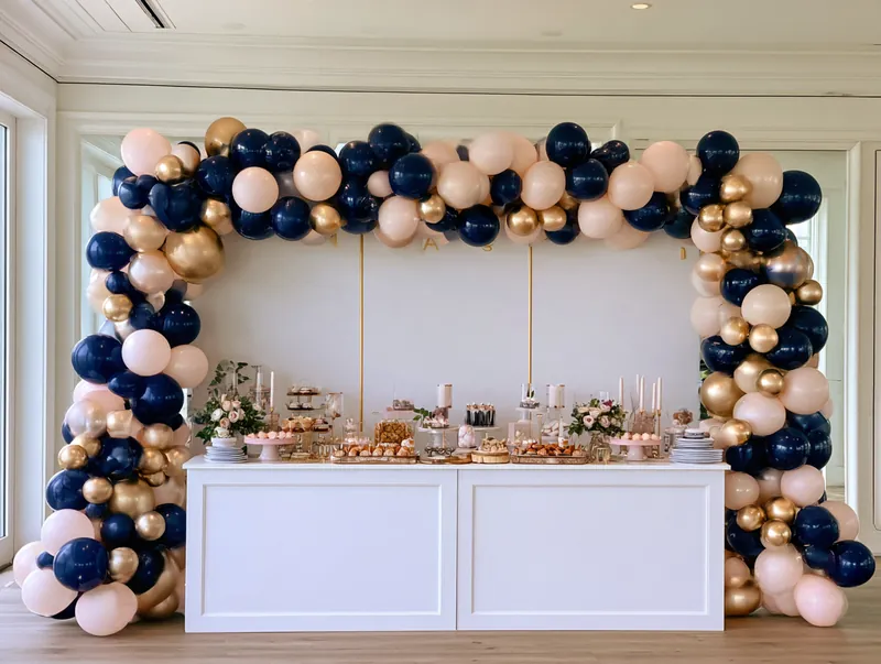 Navy, gold and blush balloon garland framing a dessert table backdrop in Arlington